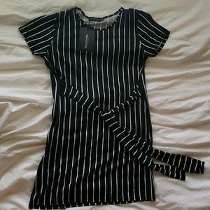 Black Striped Tie Waist T Shirt Dress